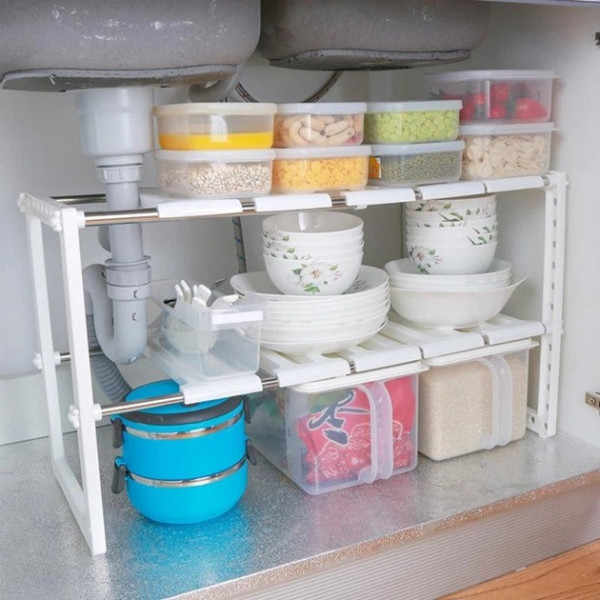 Полка-органайзер Kitchen Rack 38–70 см, регулируемый стеллаж для хранения под раковину на кухне, белый
