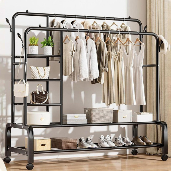 Стойка для одежды Multipurpose Hanger металлическая двойная с полками напольная черная