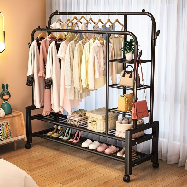 Стойка для одежды Multipurpose Hanger металлическая двойная с полками напольная черная