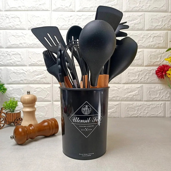 Силиконовый кухонный набор Kitchen Set 12 предметов с деревянными ручками для приготовления пищи