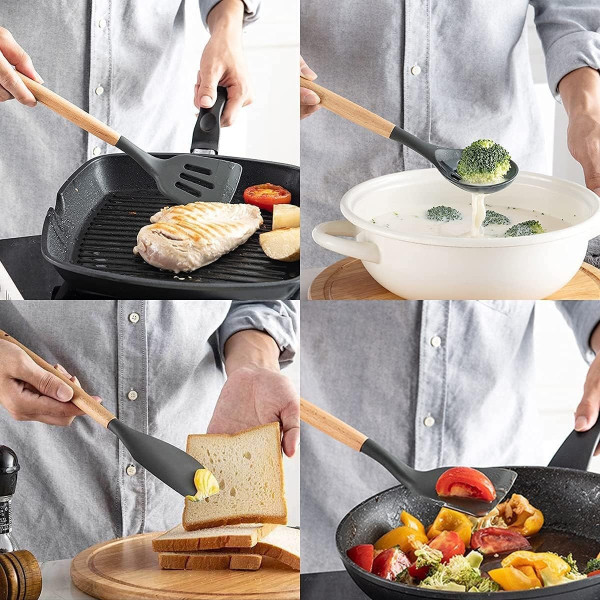 Силиконовый кухонный набор Kitchen Set 12 предметов с деревянными ручками для приготовления пищи
