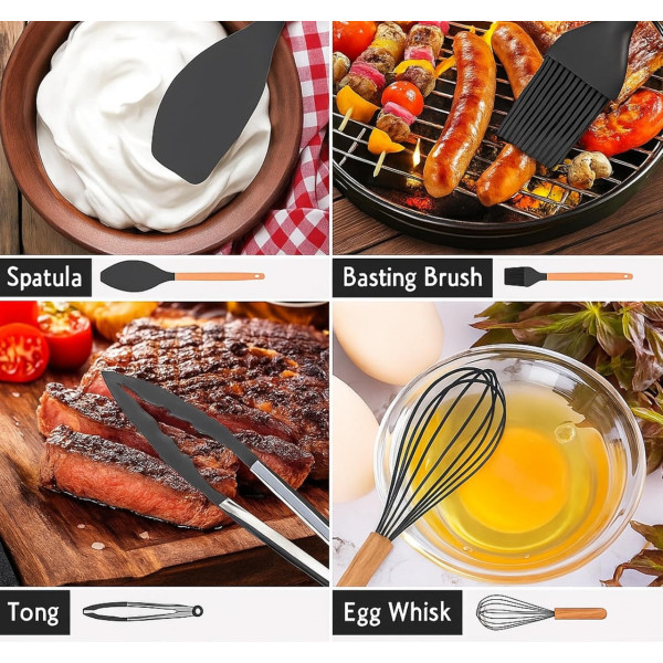 Силиконовый кухонный набор Kitchen Set 12 предметов с деревянными ручками для приготовления пищи