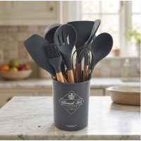 Силиконовый кухонный набор Kitchen Set 12 предметов с деревянными ручками для приготовления пищи