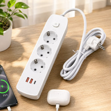Сетевой фильтр AND-16-20 3 розетки + USB и Type-C, удлинитель с защитой от перенапряжения и быстрой зарядкой